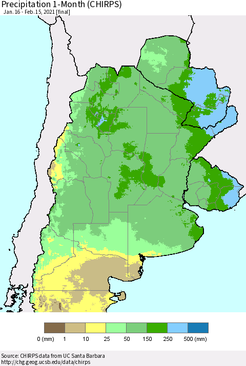 Southern South America Precipitation 1-Month (CHIRPS) Thematic Map For 1/16/2021 - 2/15/2021