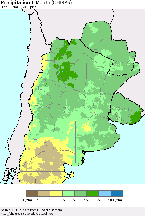 Southern South America Precipitation 1-Month (CHIRPS) Thematic Map For 2/6/2021 - 3/5/2021
