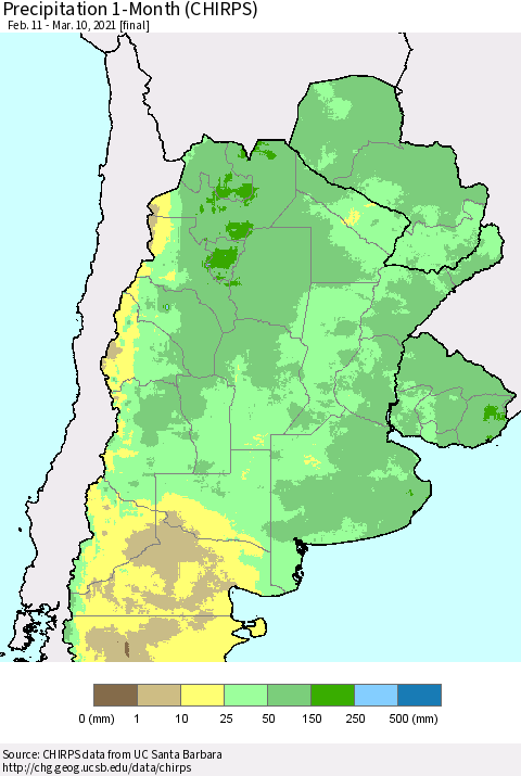 Southern South America Precipitation 1-Month (CHIRPS) Thematic Map For 2/11/2021 - 3/10/2021
