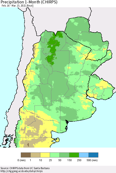 Southern South America Precipitation 1-Month (CHIRPS) Thematic Map For 2/16/2021 - 3/15/2021