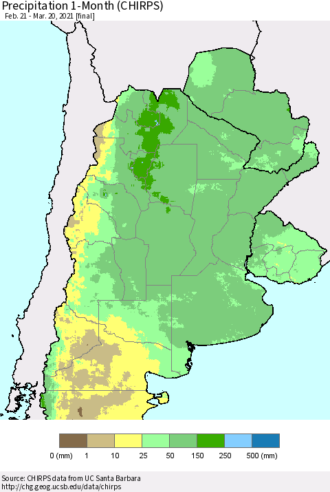 Southern South America Precipitation 1-Month (CHIRPS) Thematic Map For 2/21/2021 - 3/20/2021