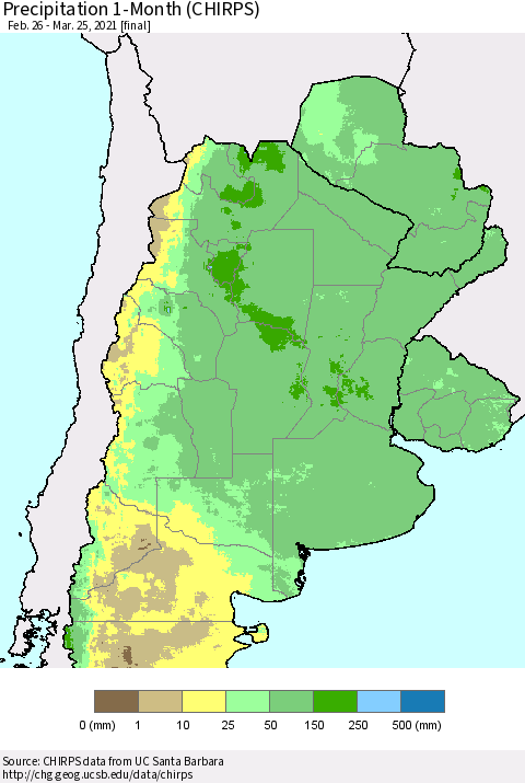 Southern South America Precipitation 1-Month (CHIRPS) Thematic Map For 2/26/2021 - 3/25/2021
