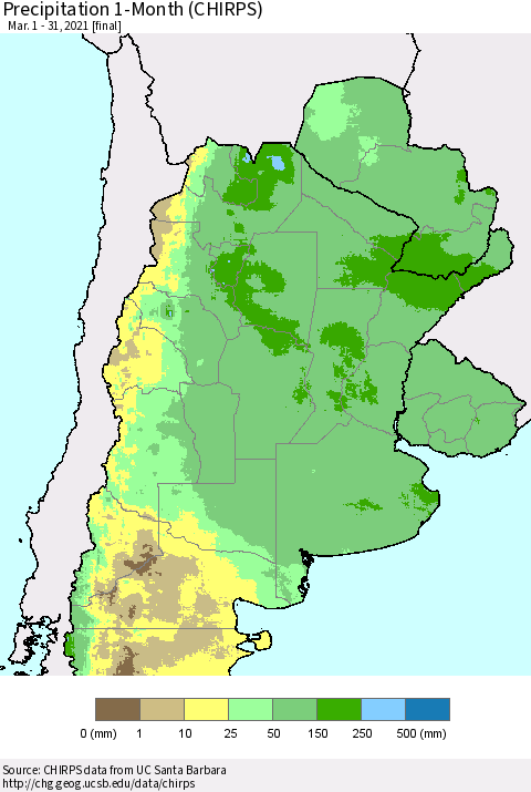 Southern South America Precipitation 1-Month (CHIRPS) Thematic Map For 3/1/2021 - 3/31/2021