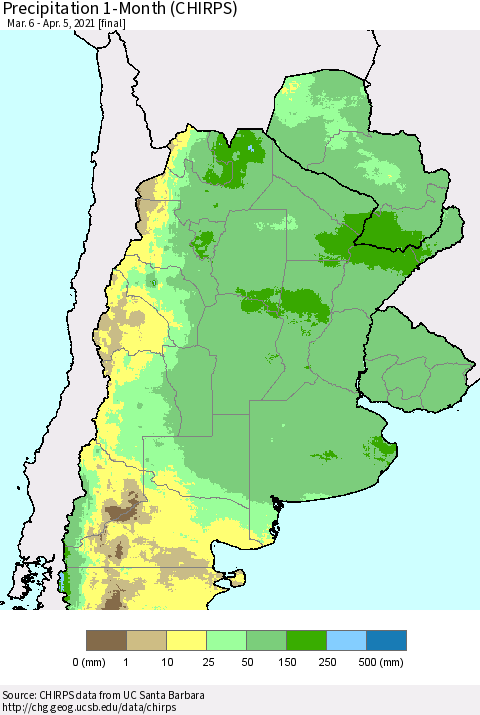 Southern South America Precipitation 1-Month (CHIRPS) Thematic Map For 3/6/2021 - 4/5/2021