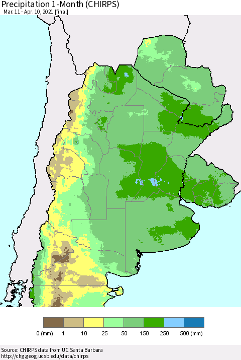 Southern South America Precipitation 1-Month (CHIRPS) Thematic Map For 3/11/2021 - 4/10/2021