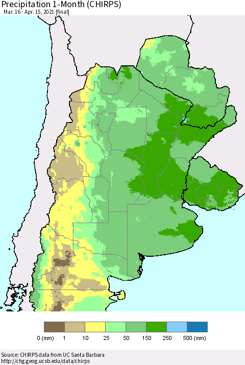 Southern South America Precipitation 1-Month (CHIRPS) Thematic Map For 3/16/2021 - 4/15/2021