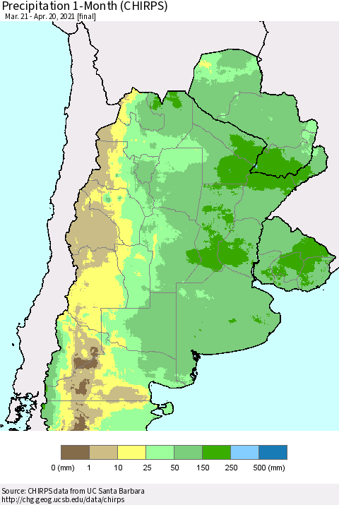 Southern South America Precipitation 1-Month (CHIRPS) Thematic Map For 3/21/2021 - 4/20/2021