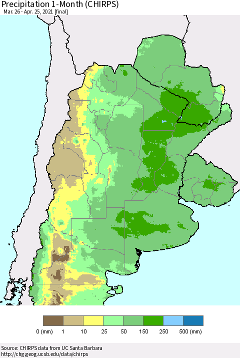 Southern South America Precipitation 1-Month (CHIRPS) Thematic Map For 3/26/2021 - 4/25/2021