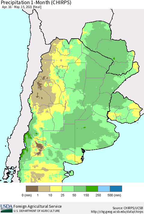 Southern South America Precipitation 1-Month (CHIRPS) Thematic Map For 4/16/2021 - 5/15/2021