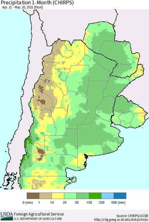 Southern South America Precipitation 1-Month (CHIRPS) Thematic Map For 4/21/2021 - 5/20/2021
