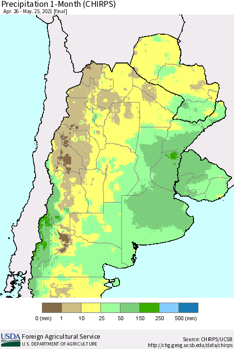 Southern South America Precipitation 1-Month (CHIRPS) Thematic Map For 4/26/2021 - 5/25/2021