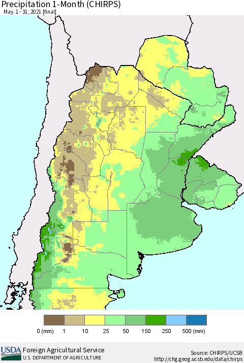Southern South America Precipitation 1-Month (CHIRPS) Thematic Map For 5/1/2021 - 5/31/2021