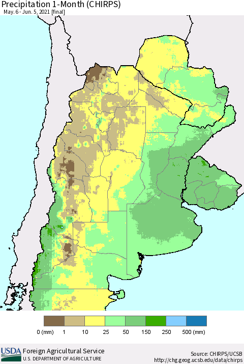 Southern South America Precipitation 1-Month (CHIRPS) Thematic Map For 5/6/2021 - 6/5/2021