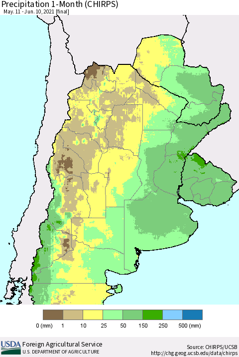 Southern South America Precipitation 1-Month (CHIRPS) Thematic Map For 5/11/2021 - 6/10/2021