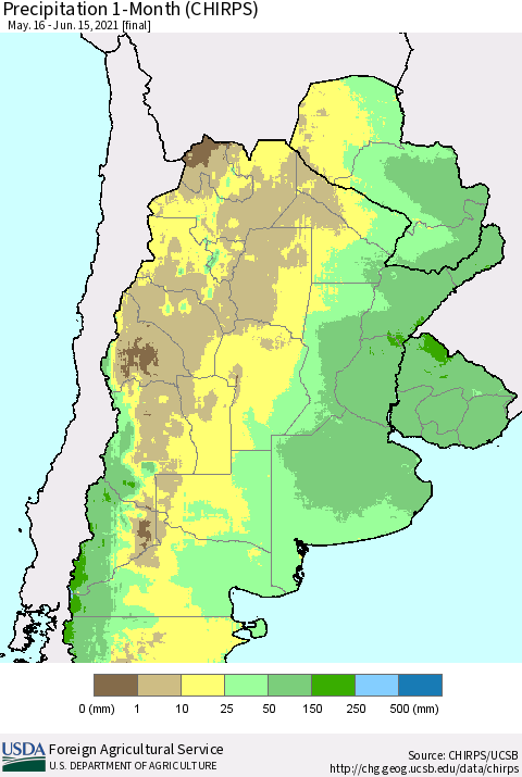 Southern South America Precipitation 1-Month (CHIRPS) Thematic Map For 5/16/2021 - 6/15/2021