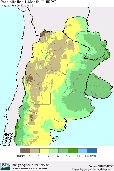 Southern South America Precipitation 1-Month (CHIRPS) Thematic Map For 5/21/2021 - 6/20/2021