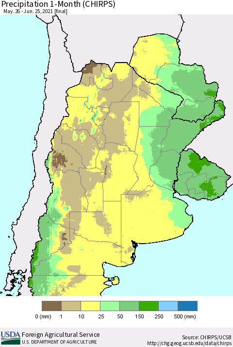 Southern South America Precipitation 1-Month (CHIRPS) Thematic Map For 5/26/2021 - 6/25/2021