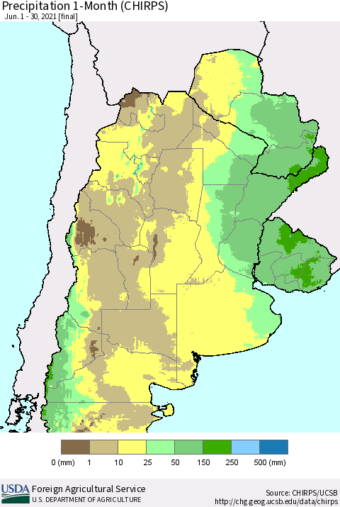 Southern South America Precipitation 1-Month (CHIRPS) Thematic Map For 6/1/2021 - 6/30/2021