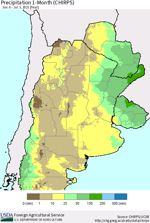 Southern South America Precipitation 1-Month (CHIRPS) Thematic Map For 6/6/2021 - 7/5/2021