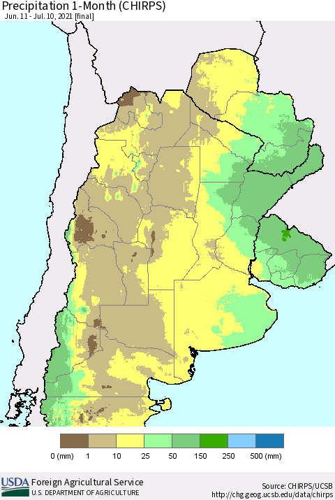 Southern South America Precipitation 1-Month (CHIRPS) Thematic Map For 6/11/2021 - 7/10/2021