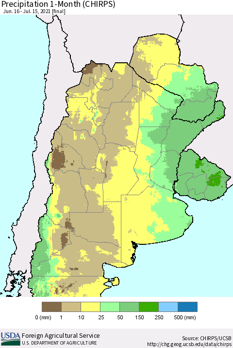 Southern South America Precipitation 1-Month (CHIRPS) Thematic Map For 6/16/2021 - 7/15/2021