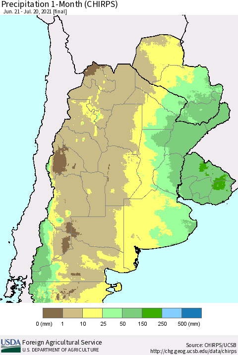 Southern South America Precipitation 1-Month (CHIRPS) Thematic Map For 6/21/2021 - 7/20/2021