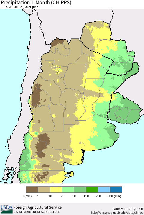 Southern South America Precipitation 1-Month (CHIRPS) Thematic Map For 6/26/2021 - 7/25/2021