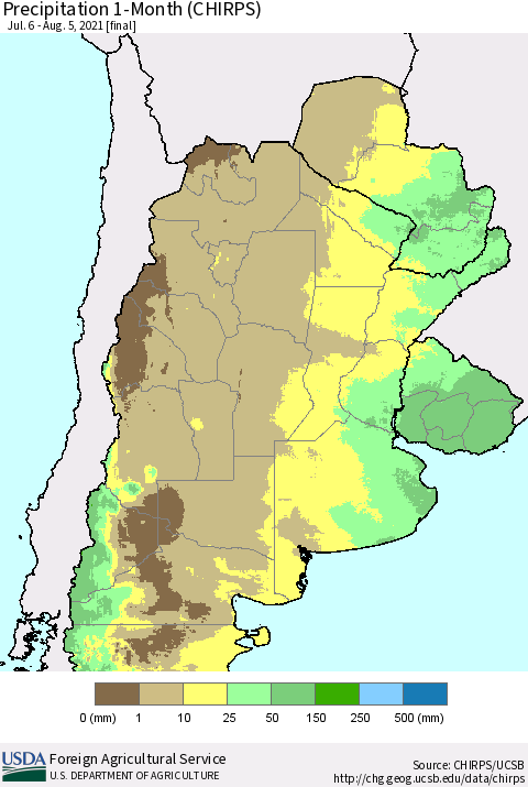 Southern South America Precipitation 1-Month (CHIRPS) Thematic Map For 7/6/2021 - 8/5/2021
