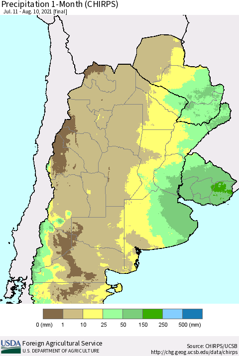 Southern South America Precipitation 1-Month (CHIRPS) Thematic Map For 7/11/2021 - 8/10/2021