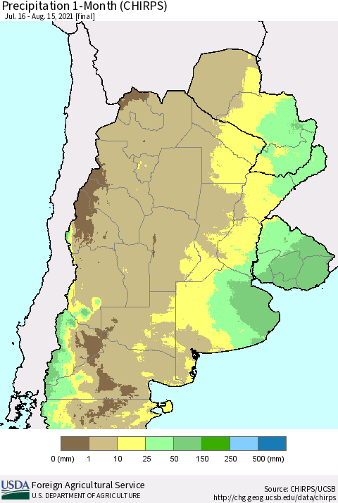 Southern South America Precipitation 1-Month (CHIRPS) Thematic Map For 7/16/2021 - 8/15/2021