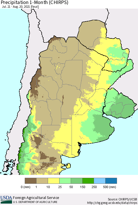 Southern South America Precipitation 1-Month (CHIRPS) Thematic Map For 7/21/2021 - 8/20/2021