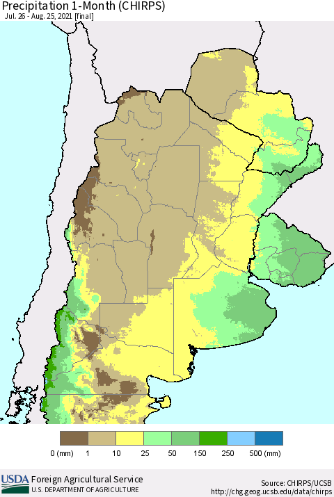 Southern South America Precipitation 1-Month (CHIRPS) Thematic Map For 7/26/2021 - 8/25/2021