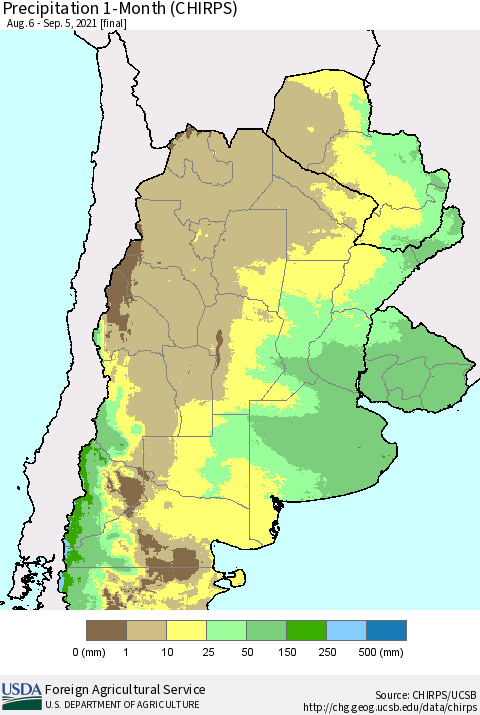 Southern South America Precipitation 1-Month (CHIRPS) Thematic Map For 8/6/2021 - 9/5/2021