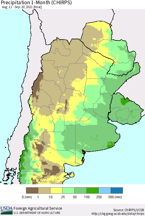 Southern South America Precipitation 1-Month (CHIRPS) Thematic Map For 8/11/2021 - 9/10/2021