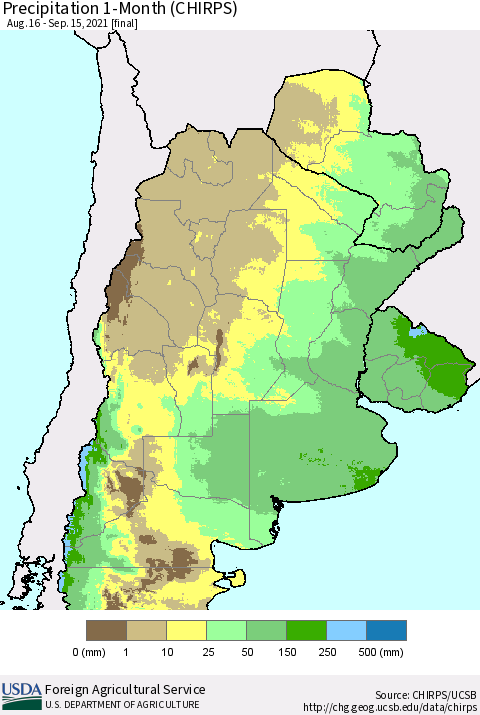 Southern South America Precipitation 1-Month (CHIRPS) Thematic Map For 8/16/2021 - 9/15/2021