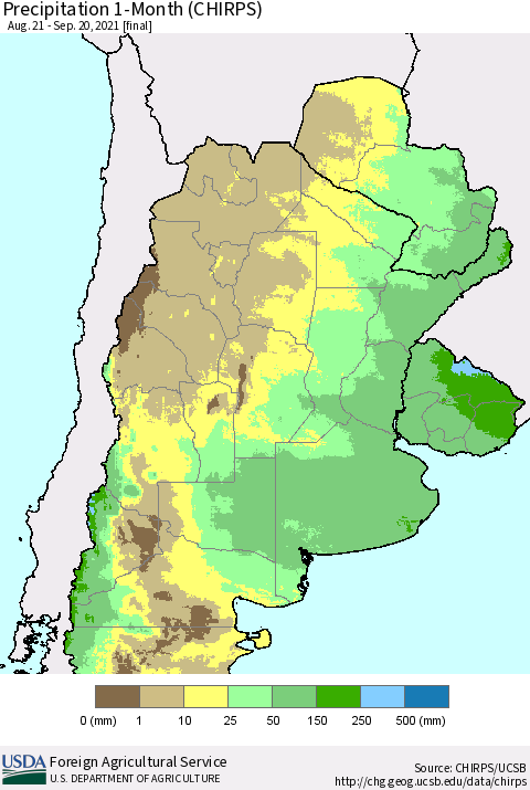 Southern South America Precipitation 1-Month (CHIRPS) Thematic Map For 8/21/2021 - 9/20/2021