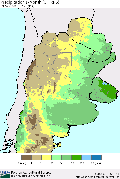 Southern South America Precipitation 1-Month (CHIRPS) Thematic Map For 8/26/2021 - 9/25/2021