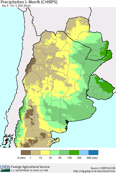 Southern South America Precipitation 1-Month (CHIRPS) Thematic Map For 9/6/2021 - 10/5/2021