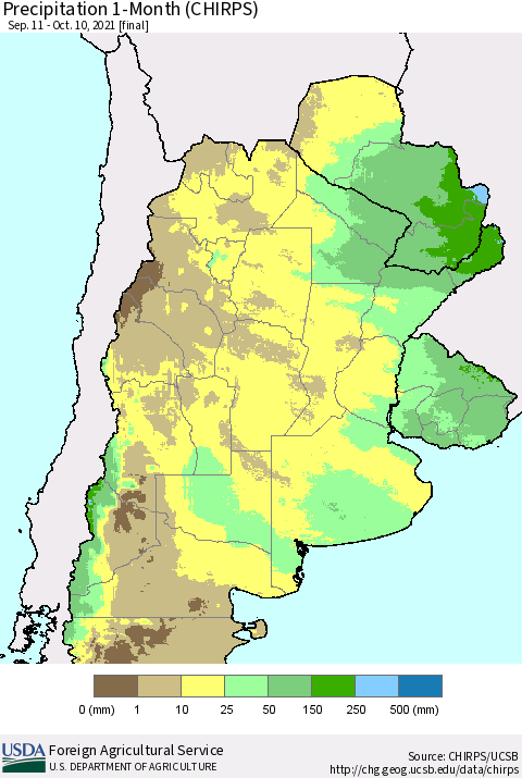 Southern South America Precipitation 1-Month (CHIRPS) Thematic Map For 9/11/2021 - 10/10/2021