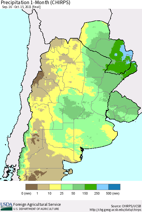 Southern South America Precipitation 1-Month (CHIRPS) Thematic Map For 9/16/2021 - 10/15/2021