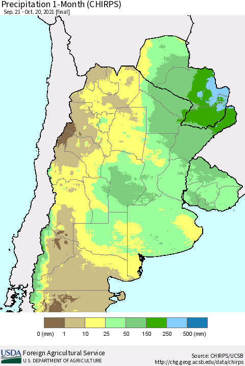 Southern South America Precipitation 1-Month (CHIRPS) Thematic Map For 9/21/2021 - 10/20/2021