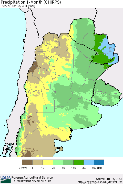Southern South America Precipitation 1-Month (CHIRPS) Thematic Map For 9/26/2021 - 10/25/2021