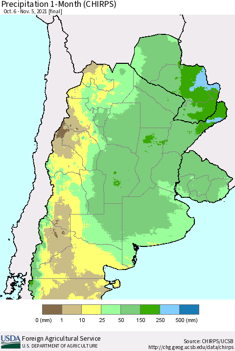 Southern South America Precipitation 1-Month (CHIRPS) Thematic Map For 10/6/2021 - 11/5/2021