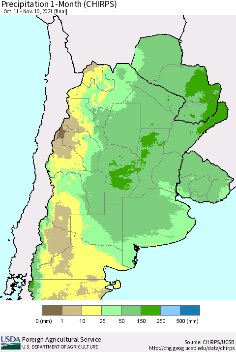 Southern South America Precipitation 1-Month (CHIRPS) Thematic Map For 10/11/2021 - 11/10/2021