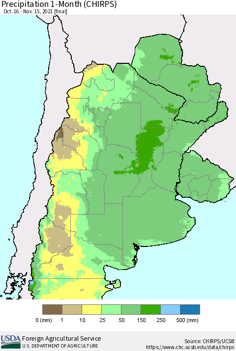 Southern South America Precipitation 1-Month (CHIRPS) Thematic Map For 10/16/2021 - 11/15/2021