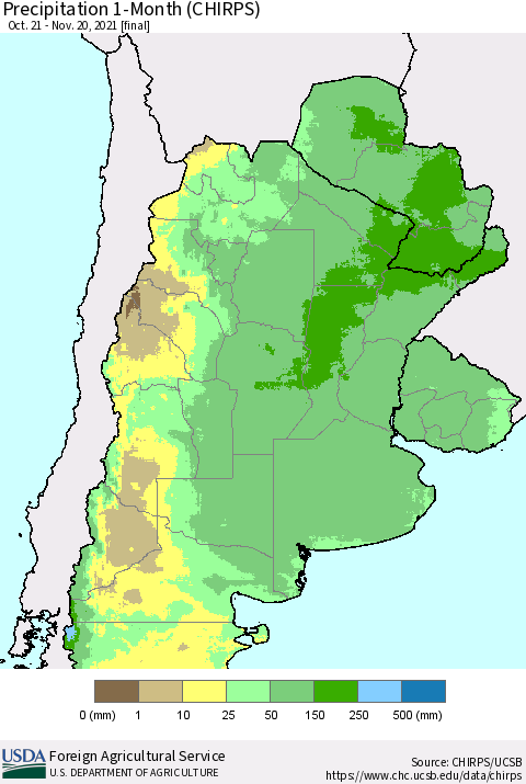 Southern South America Precipitation 1-Month (CHIRPS) Thematic Map For 10/21/2021 - 11/20/2021