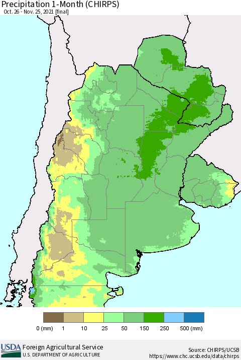 Southern South America Precipitation 1-Month (CHIRPS) Thematic Map For 10/26/2021 - 11/25/2021