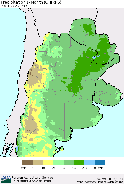 Southern South America Precipitation 1-Month (CHIRPS) Thematic Map For 11/1/2021 - 11/30/2021