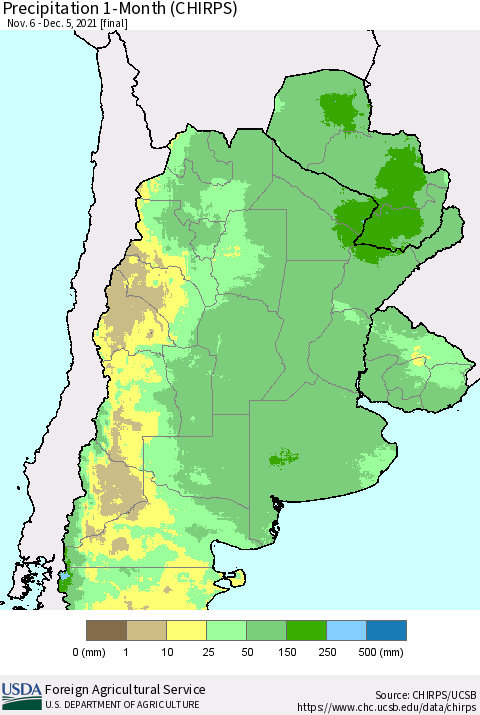 Southern South America Precipitation 1-Month (CHIRPS) Thematic Map For 11/6/2021 - 12/5/2021