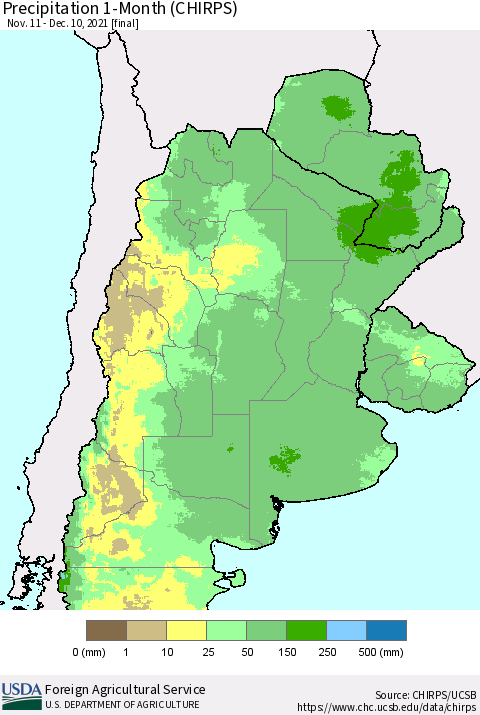 Southern South America Precipitation 1-Month (CHIRPS) Thematic Map For 11/11/2021 - 12/10/2021